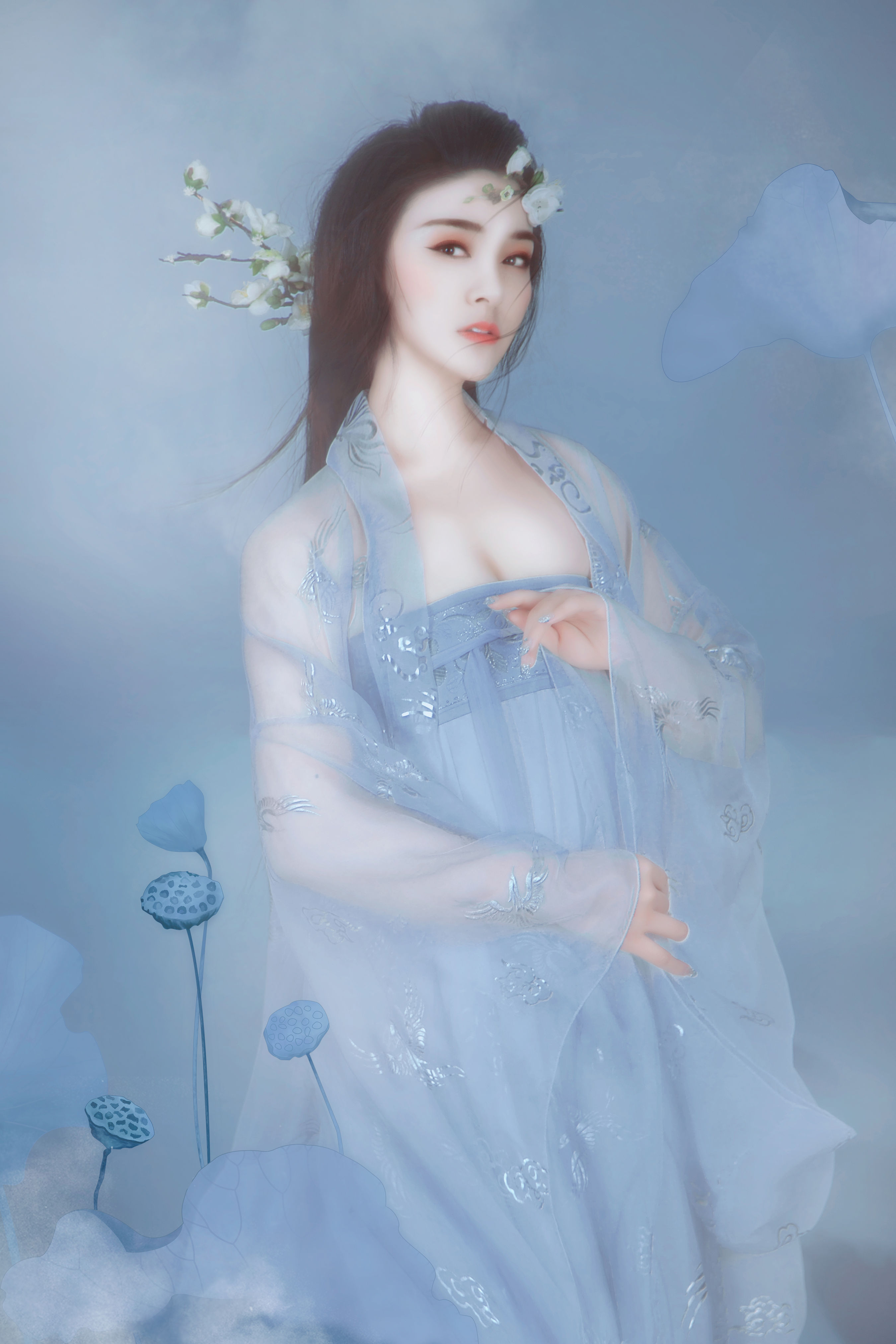 清冷涧 工笔画 中国风 荷花 仙气 画意摄影 花 女神 艺术 唯美 精美