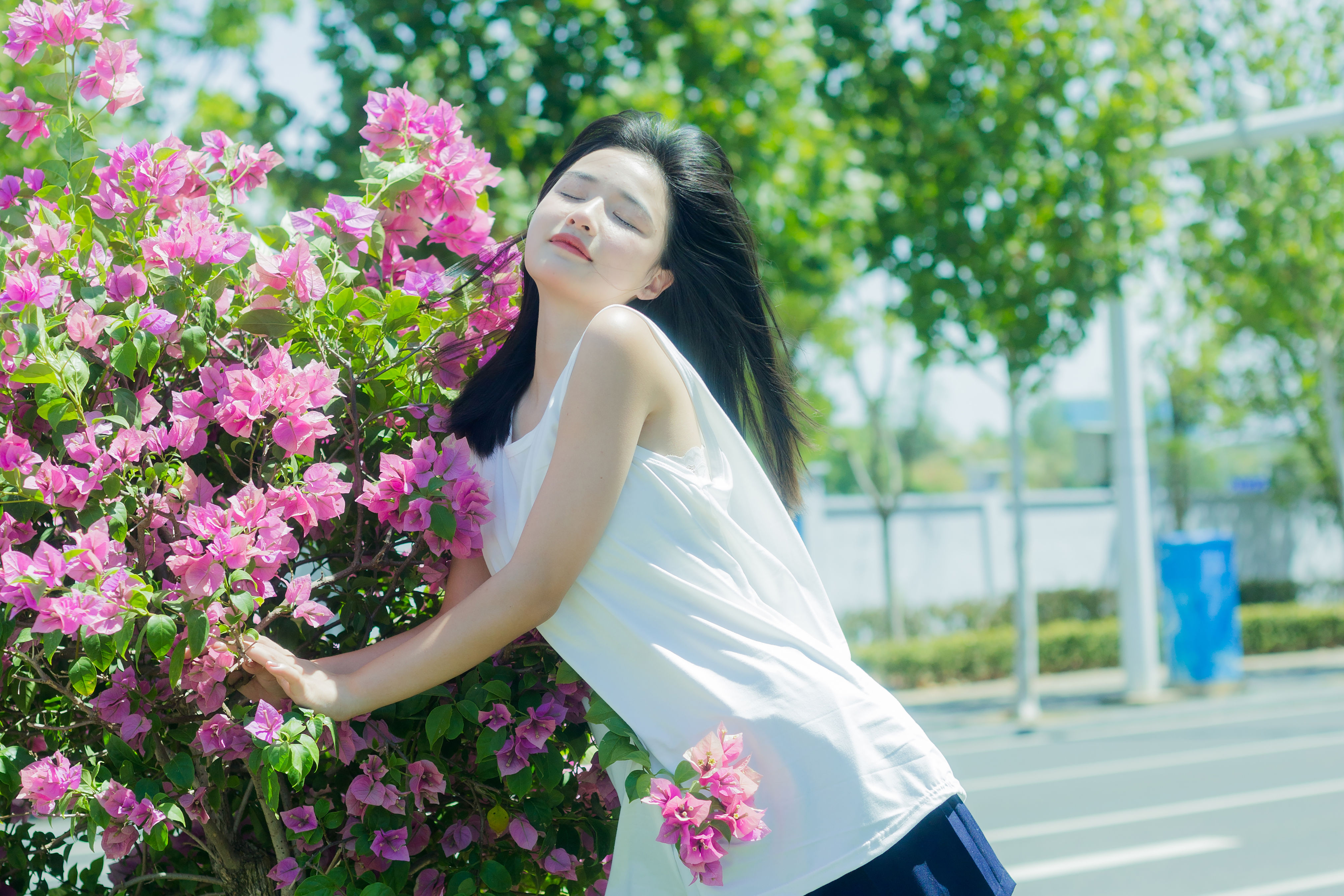 街心三角梅 街拍 女生 花 养眼