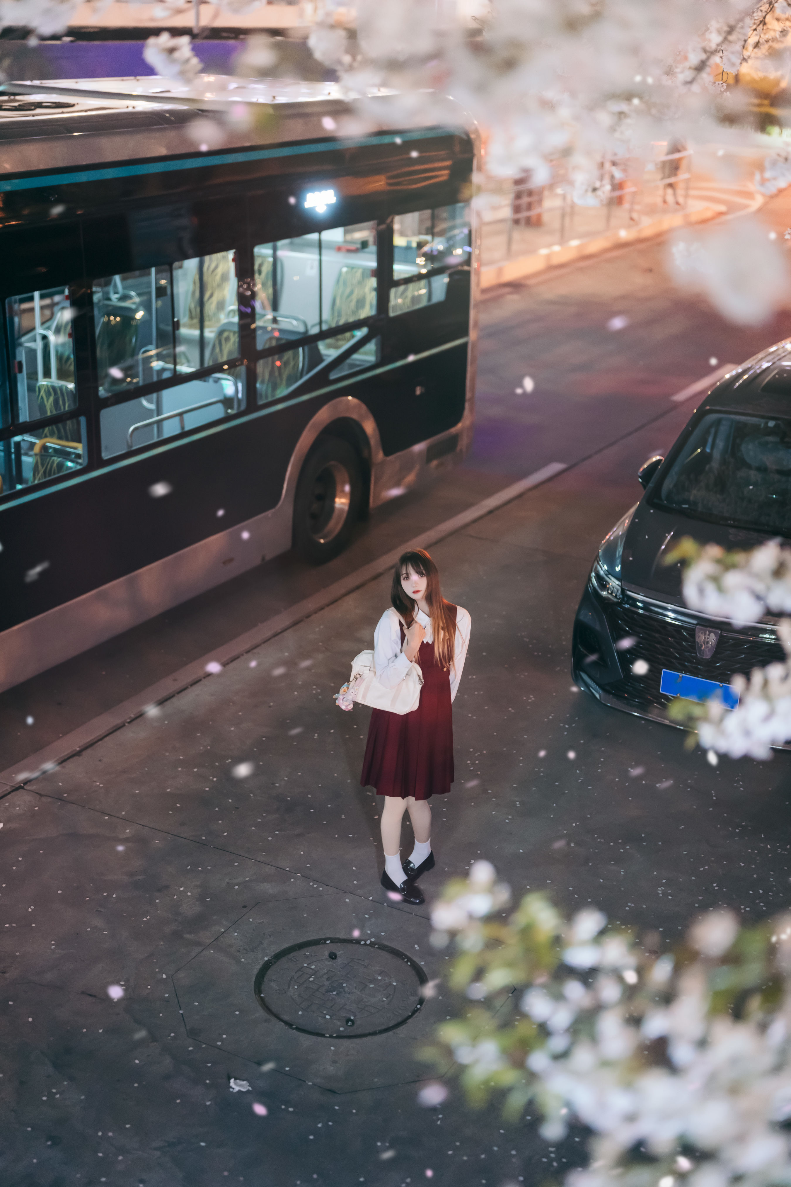 邂逅樱花雨 街拍 少女 花 樱花 夜景人像