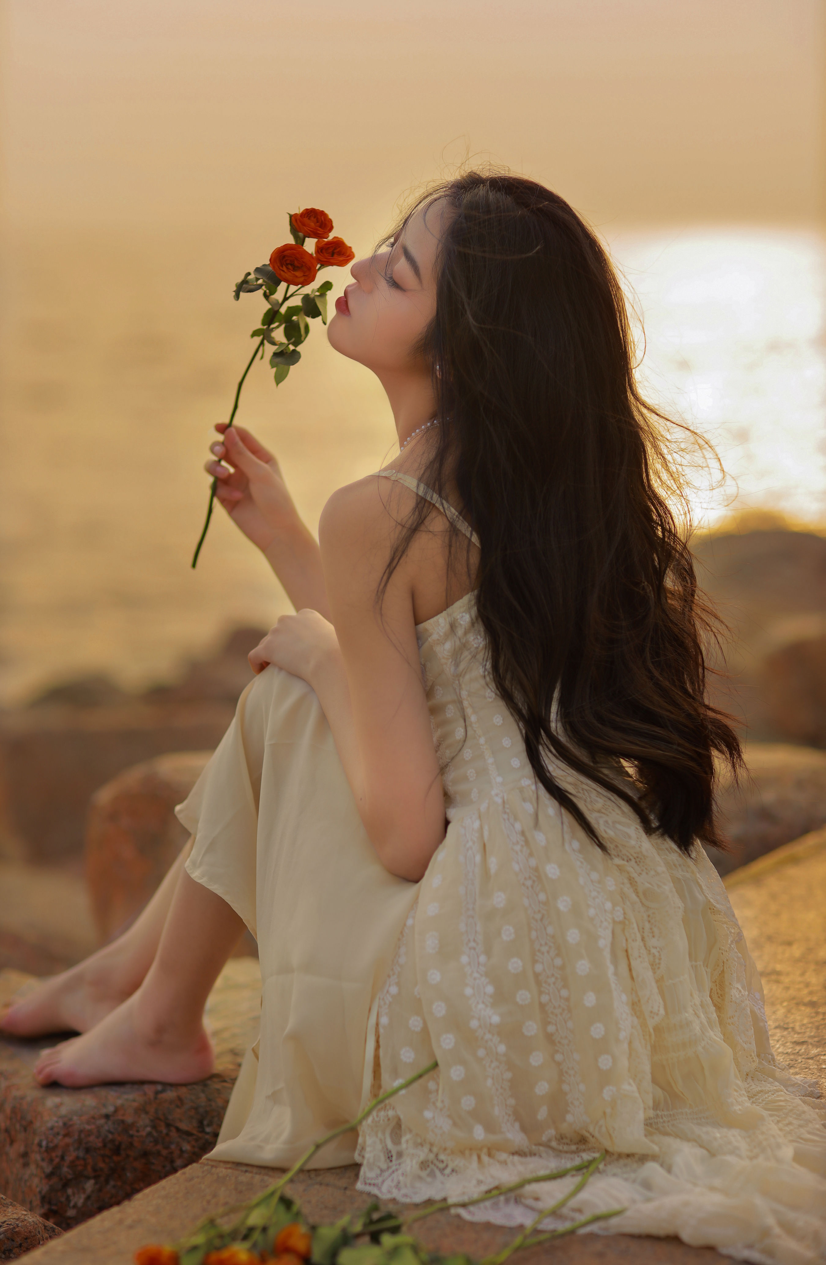 她与落日 唯美 光影 夕阳 花 女神 精美 高雅