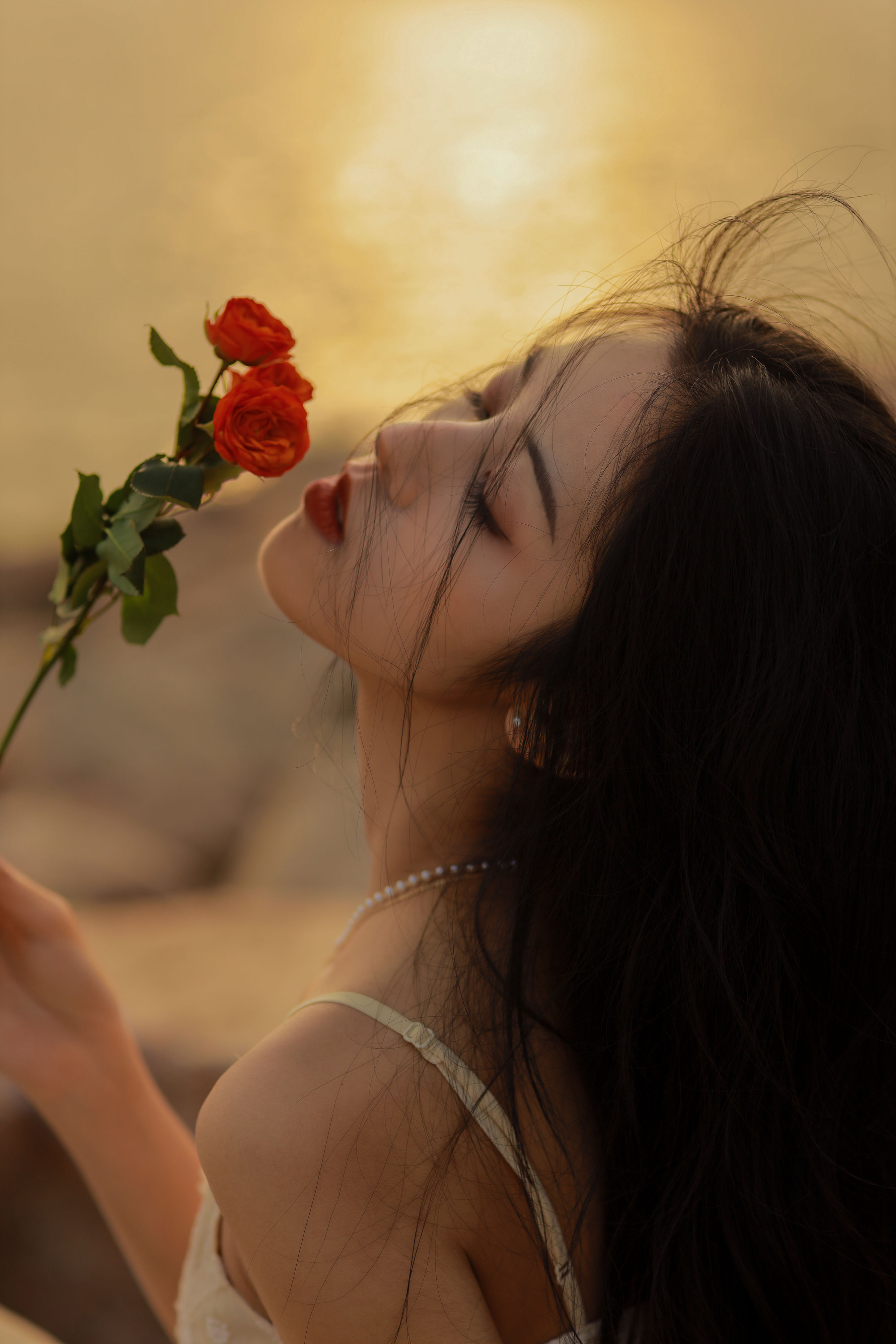 她与落日 唯美 光影 夕阳 花 女神 精美 高雅