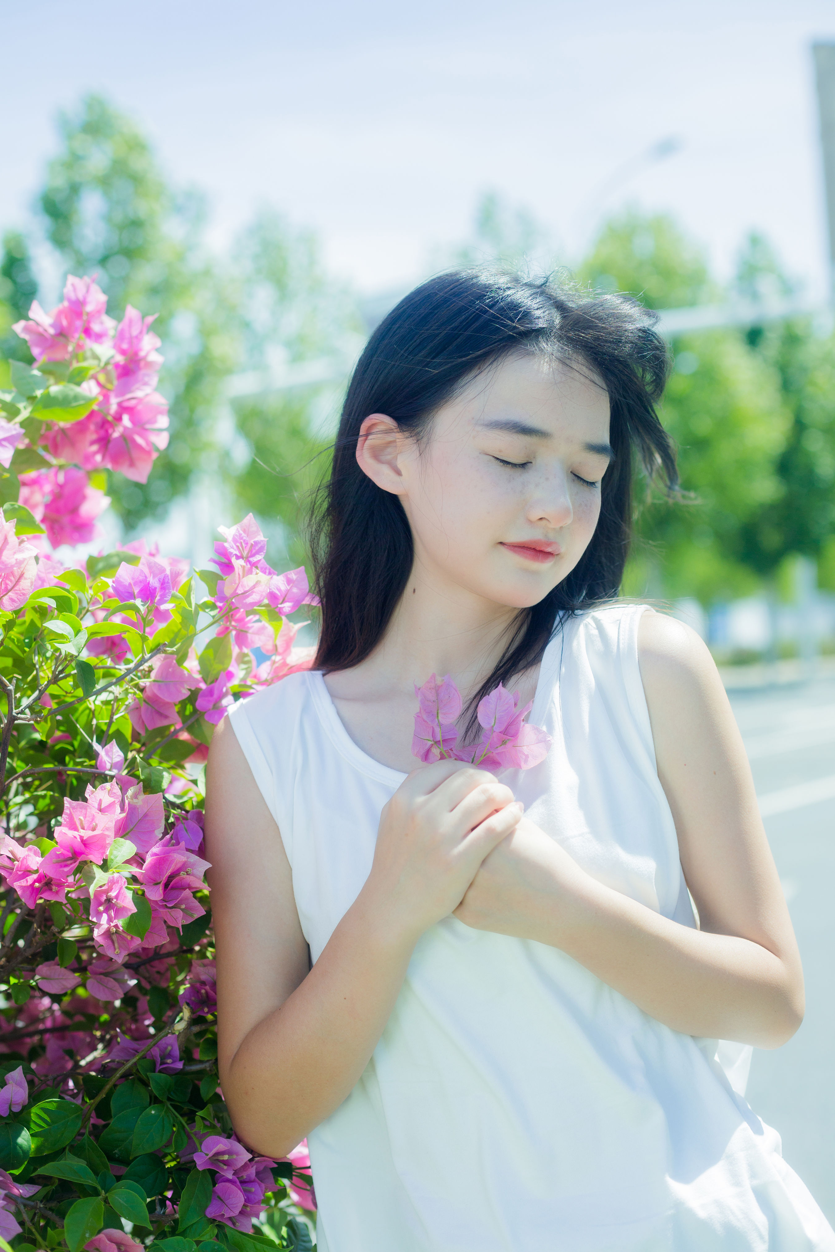 街心三角梅 街拍 女生 花 养眼