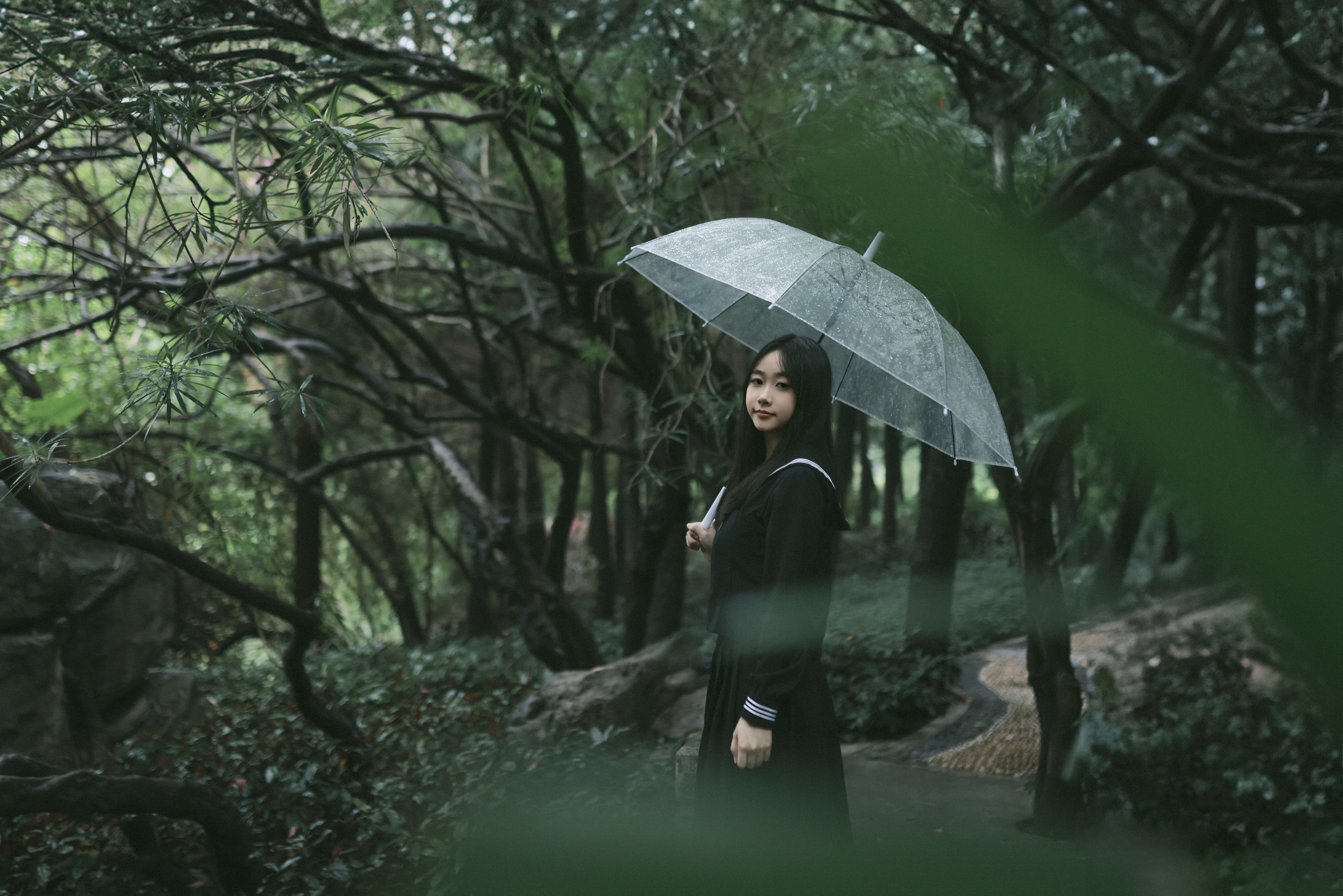 下雨天 森系 JK 女孩 绿色 下雨天