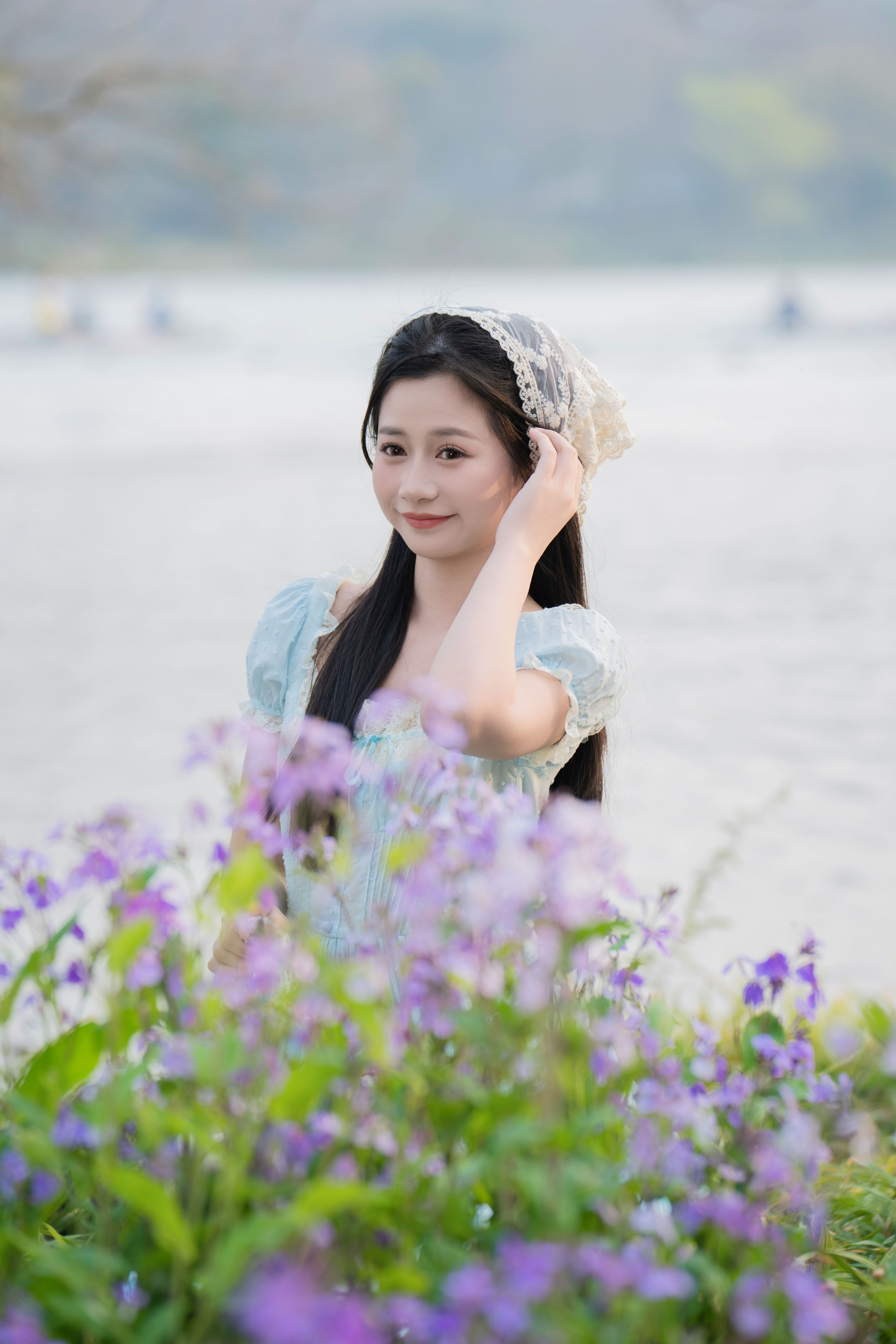 水边二月兰 浪漫 少女 写真 可爱 甜美 花